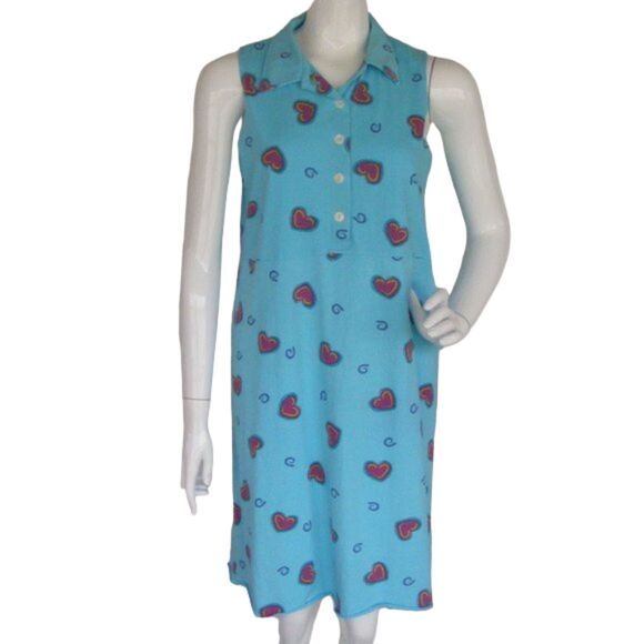 Vintage Dress, M, Light Blue, Collar, Raw Hem, Red Hearts, Pullover, Sleeveless - Picture 1 of 9